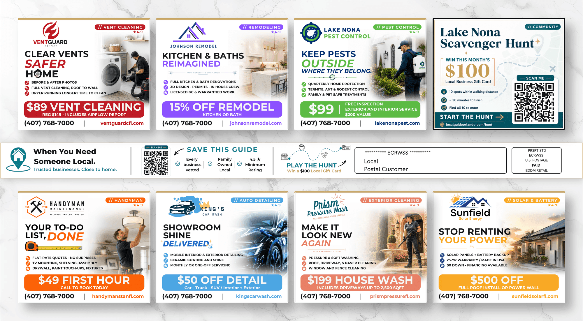 The Local Guide — back: eight curated local vendors and mailing panel